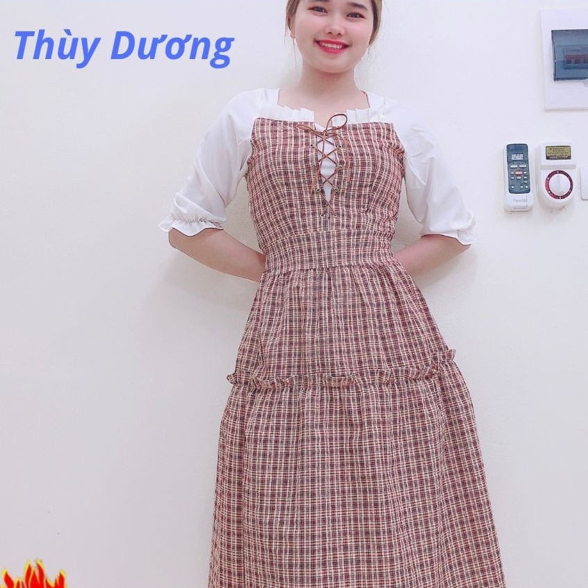 (FREESIZE) VÁY ĐẦM ĐẸP GIÁ RẺ CÁ RÔ NGẮN TAY CÓ DÂY NƠ CHÂN VÁY 2 TẦNG