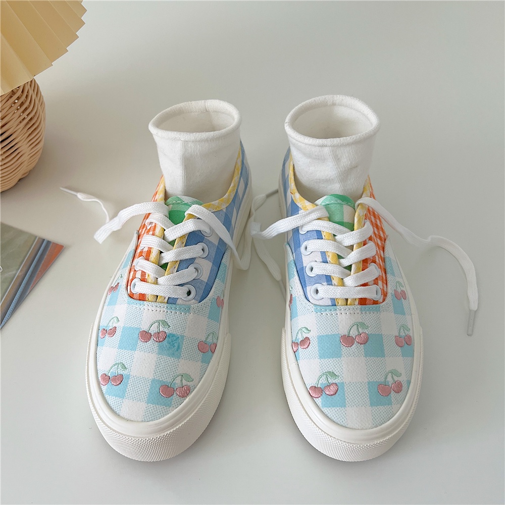 Giày màu pastel quả anh đào vải hoạ tiết kẻ ô phong cách Hàn Quốc thời trang cho nữ - Kichi Shoes