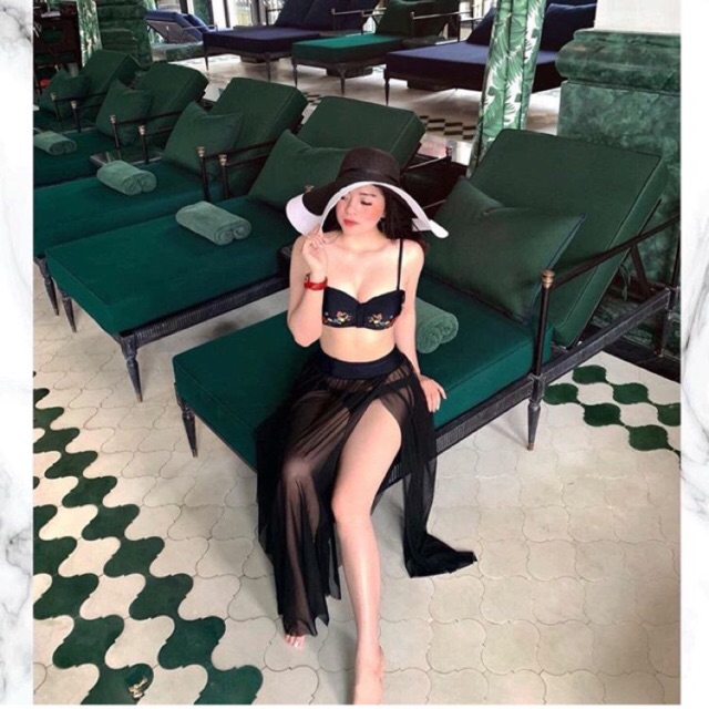[BKN224] <HÀN> SET BIKINI 3 MÓN ĐEN THÊU HOA KÈM CHÂN VÁY DÀI KIỂU HÀN (CÓ GỌNG) | BigBuy360 - bigbuy360.vn