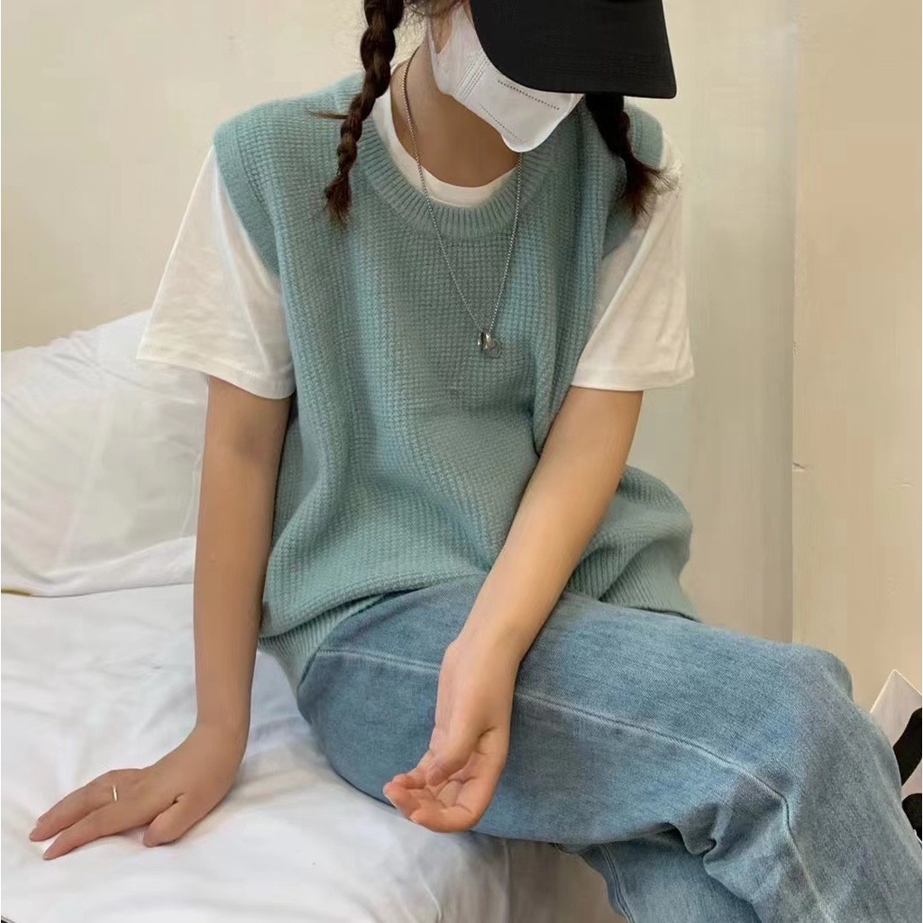 Áo gile nữ chất len cổ tròn xẻ vạt nhiều màu hàng Quảng Châu, áo gile len màu trơn basic Vintage Phong Cách Hàn Quốc