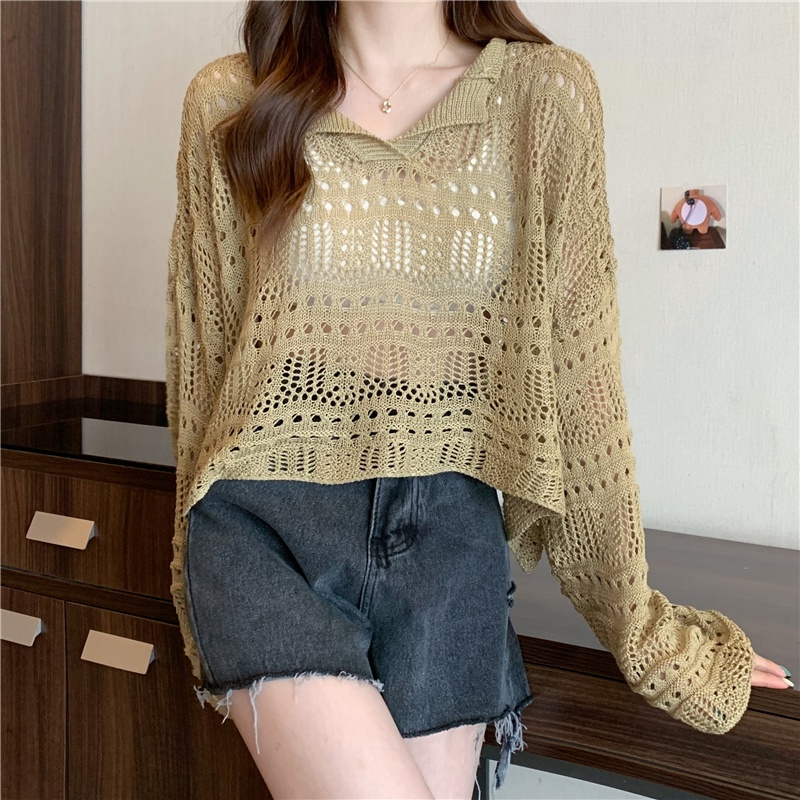 【ZHELIHANGFEI】Áo Dệt Kim Tay Dài Cổ Chữ V Dáng Rộng Xinh Xắn Thời Trang