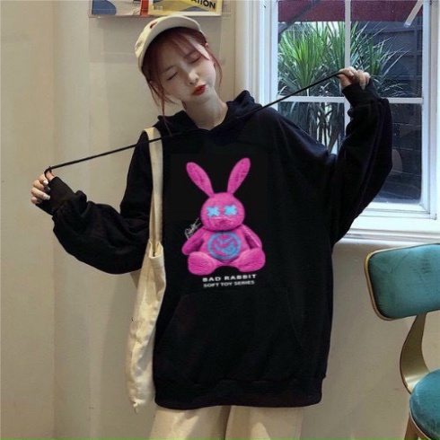 Áo nỉ hoodie gấu Rabbit in 5D unisex dài tay nam nữ cao cấp, áo phông nỉ bông sweater có mũ màu trắng, đen K082 | BigBuy360 - bigbuy360.vn