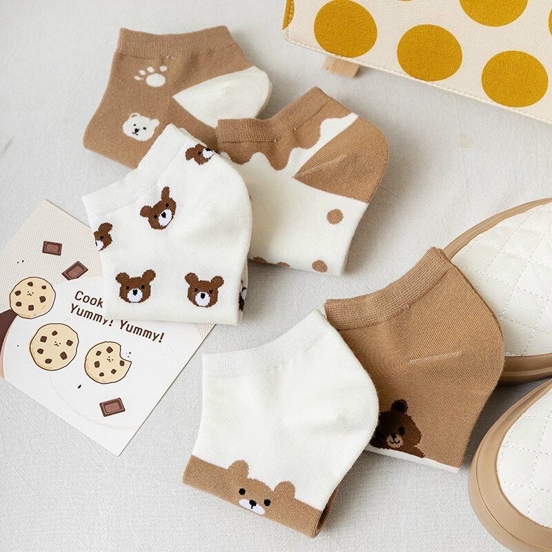 Set 5 đôi tất vớ hình gấu màu nâu phối trắng mix mẫu dễ thương được đựng trong túi zip