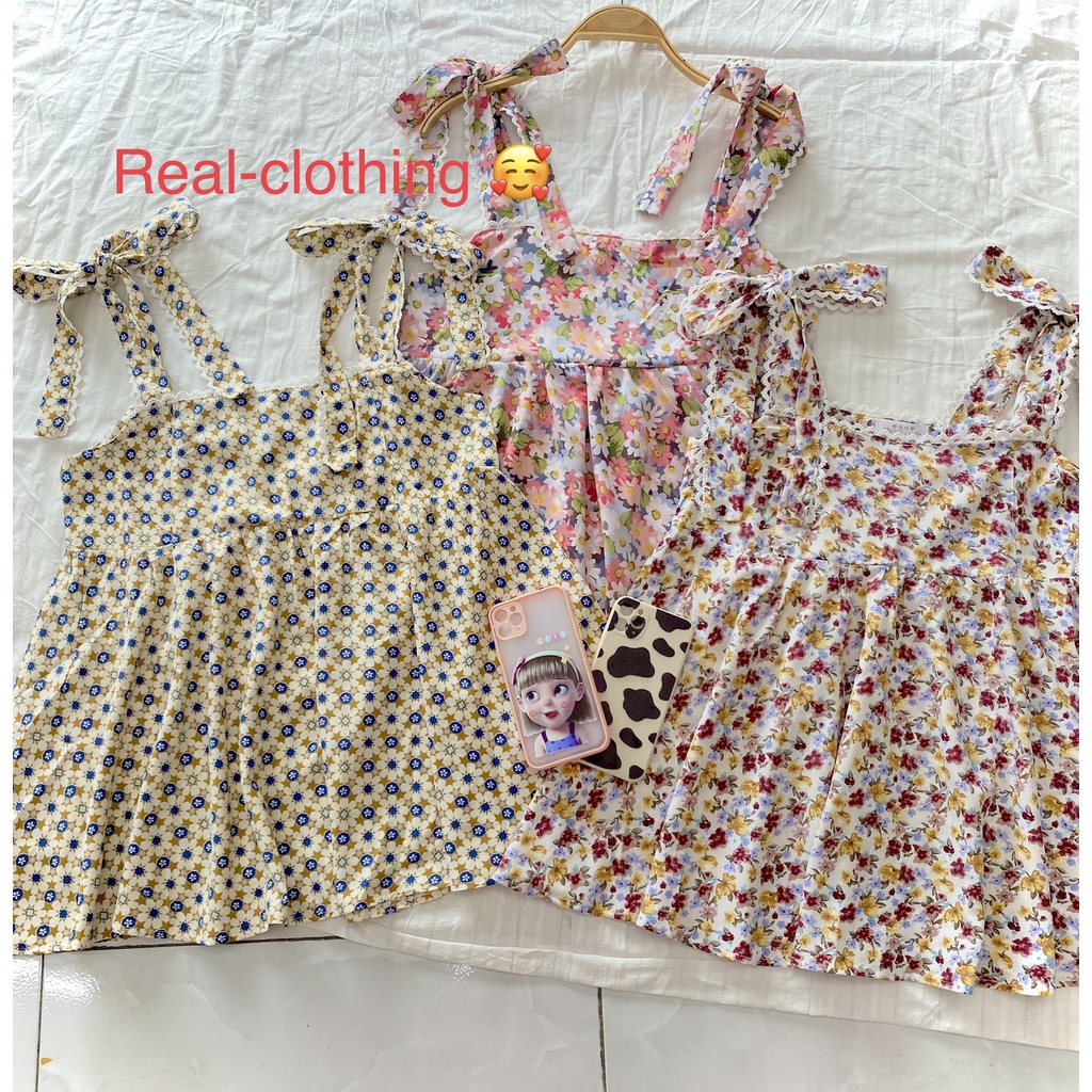Áo babydoll tiểu thư A8293 Kiểu áo họa tiết hoa cách điệu tay thành dây buộc cực sang chảnh