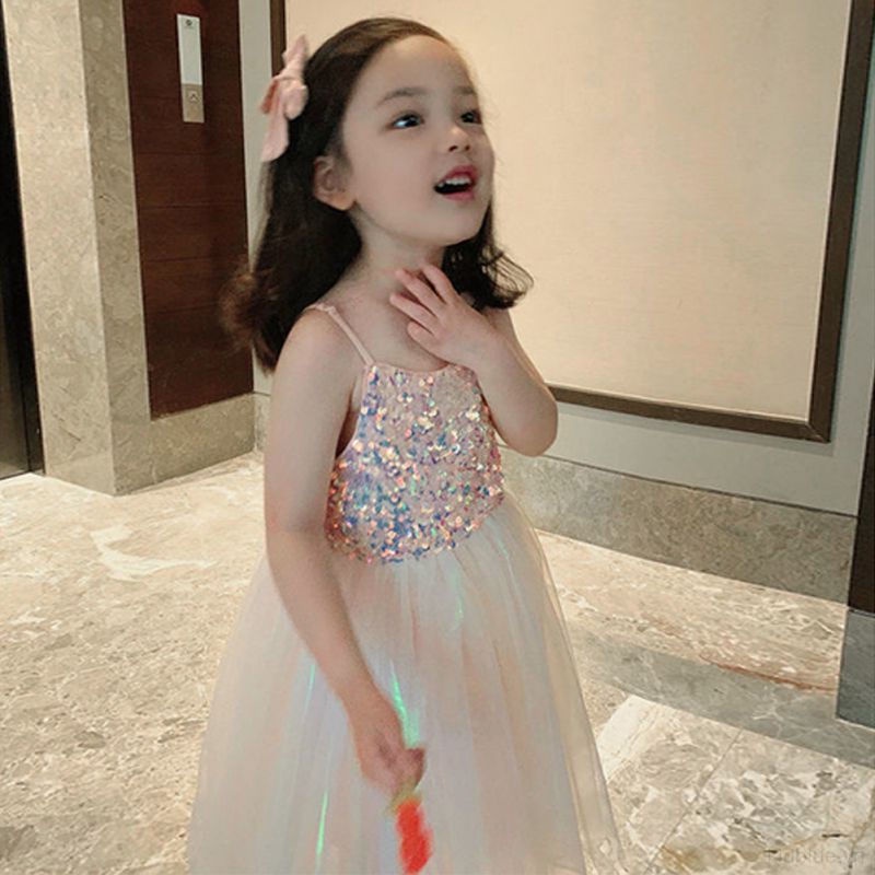 Đầm Hai Dây Phối Lưới Đính Kim Sa Lấp Lánh Thời Trang Mùa Hè Cho Bé Gái