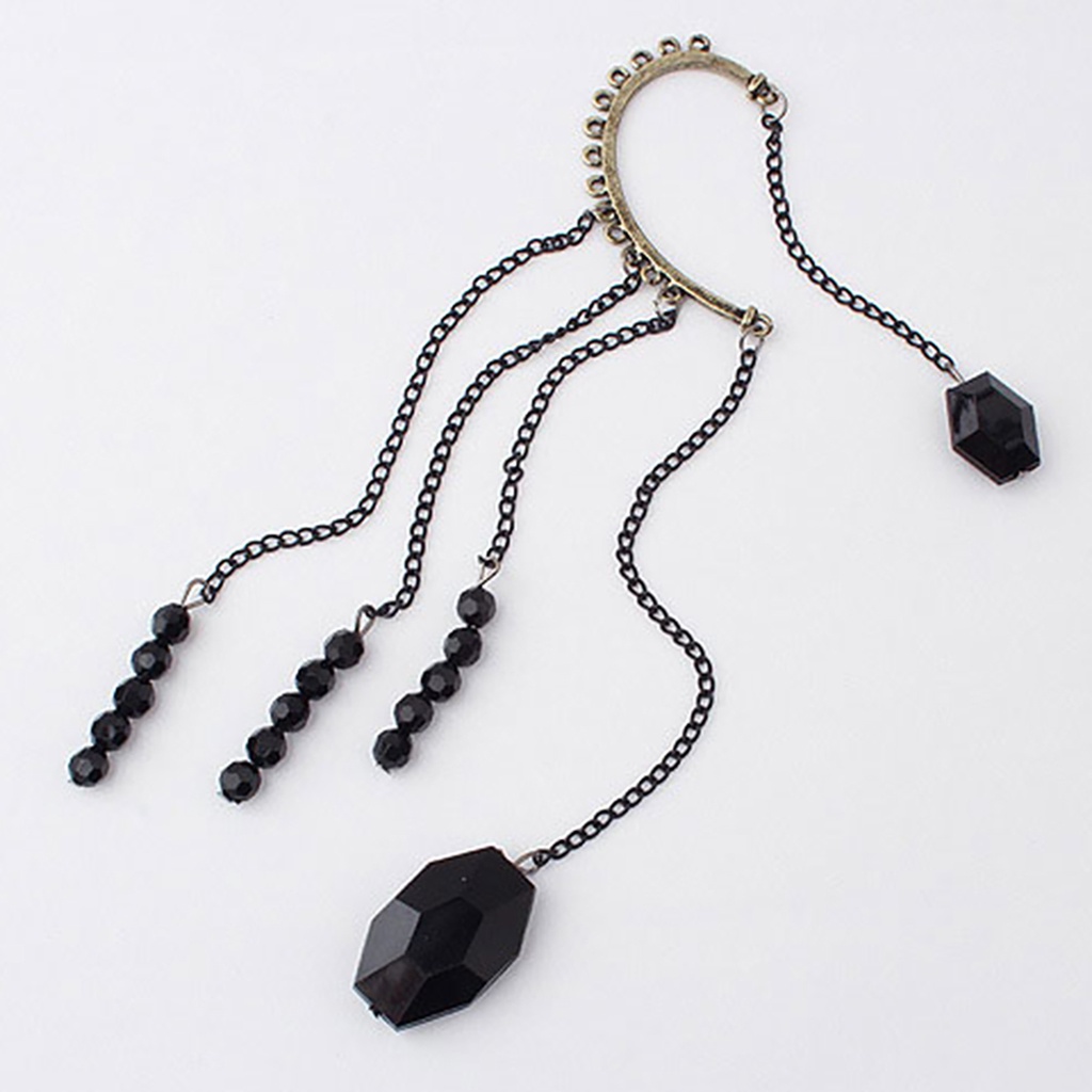 Khuyên đeo vành tai kiểu dài đính hạt đen nhân tạo huyền bí cho nữ