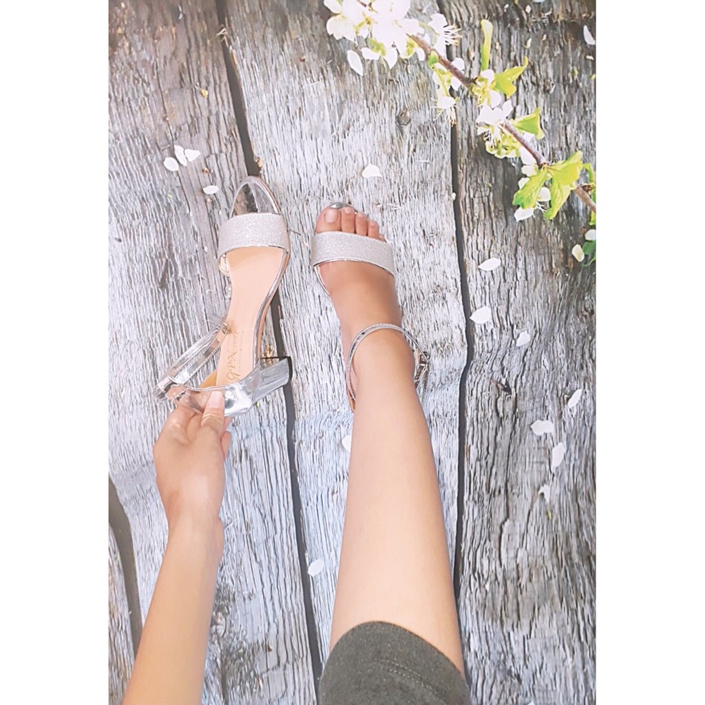 Giày sandal cao gót vuông 7p quai bạc da bóng nhủ kim tuyến TT