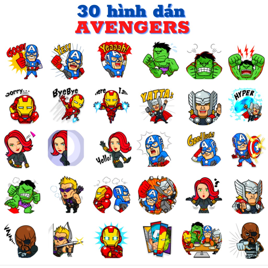 30 hình dán stickers Avengers - 1 tờ như hình