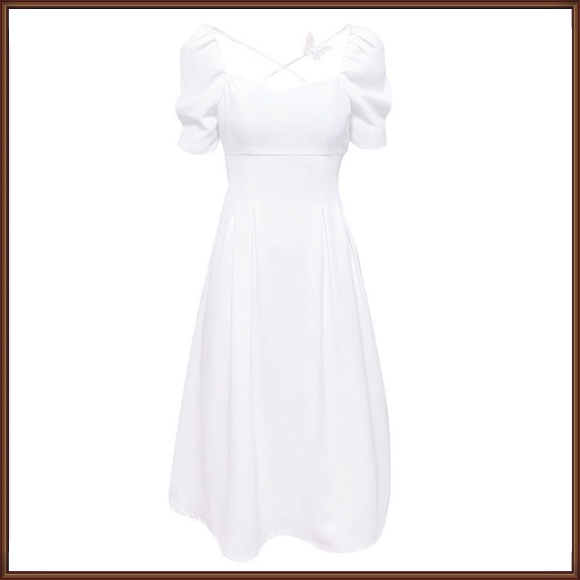 Đầm Dài Trung Bình Cổ Vuông Tay Phồng Màu Trắng Cổ Điển Cho Nữ