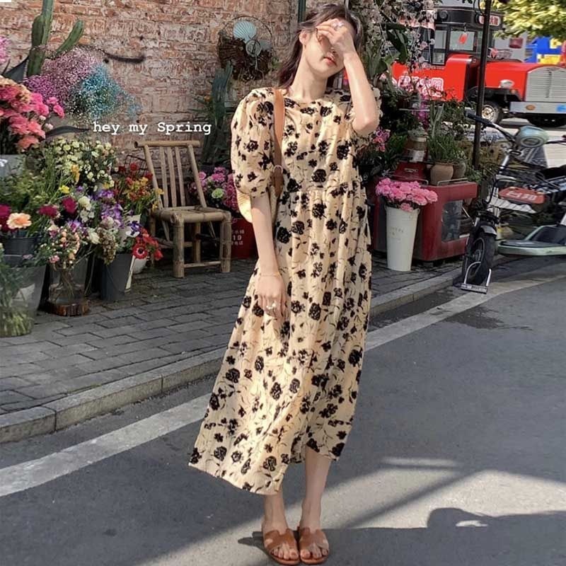 Đầm Dài Đến Gối Tay Phồng In Họa Tiết Hoa Phong Cách Retro Thời Trang Mùa Hè Mới