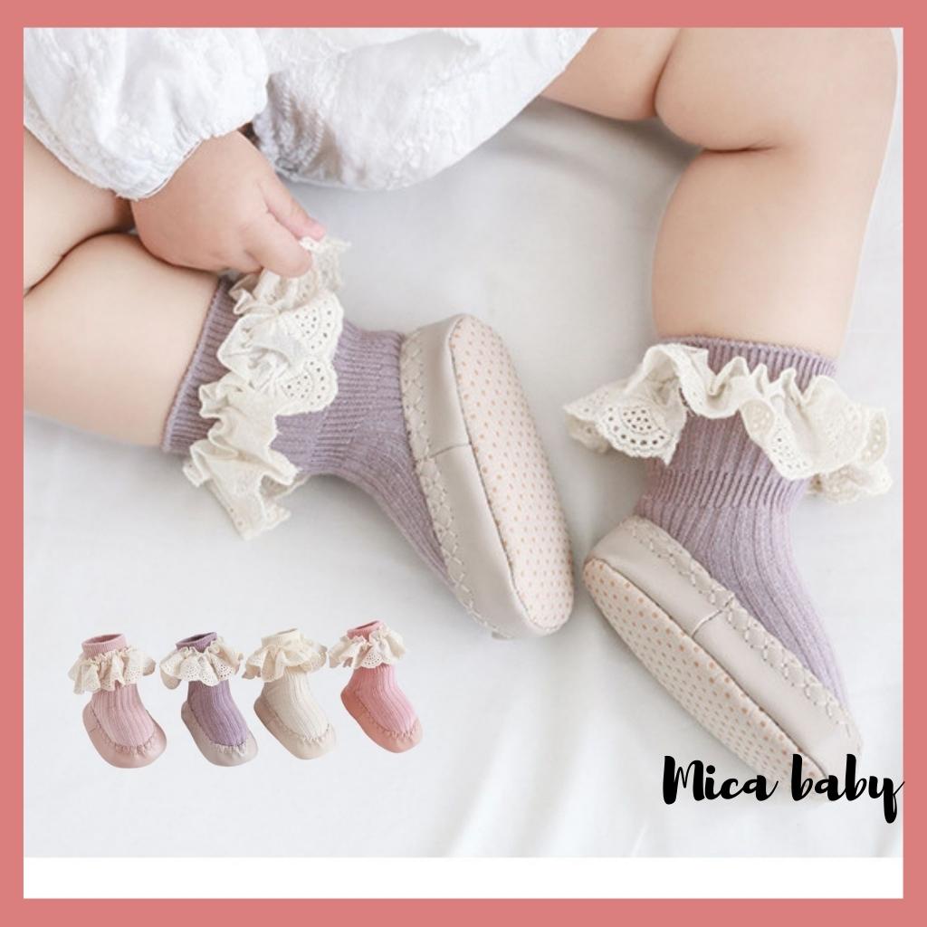 Giày tất tập đi chống trơn trượt viền ren đáng yêu cho bé Mica baby T07