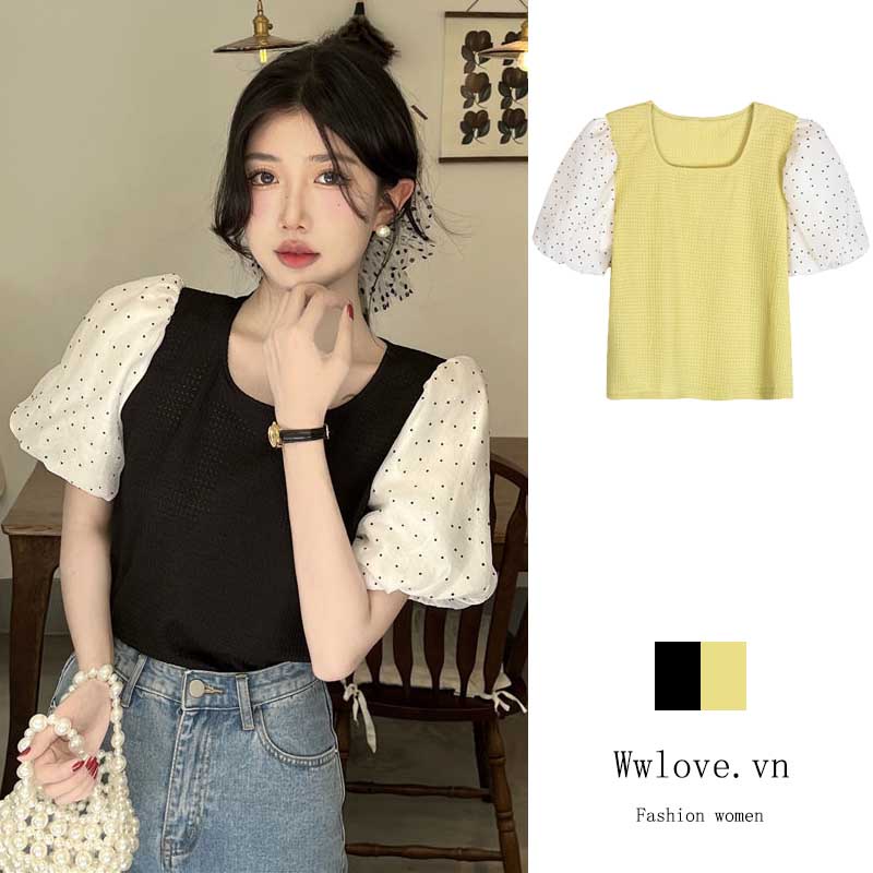 Áo Thun Tay Ngắn Cổ Tròn Họa Tiết Chấm Bi Thời Trang Dành Cho Nữ