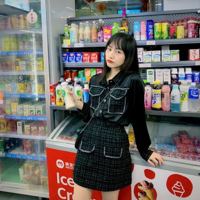 Set áo sơ mi chân váy dạ QC