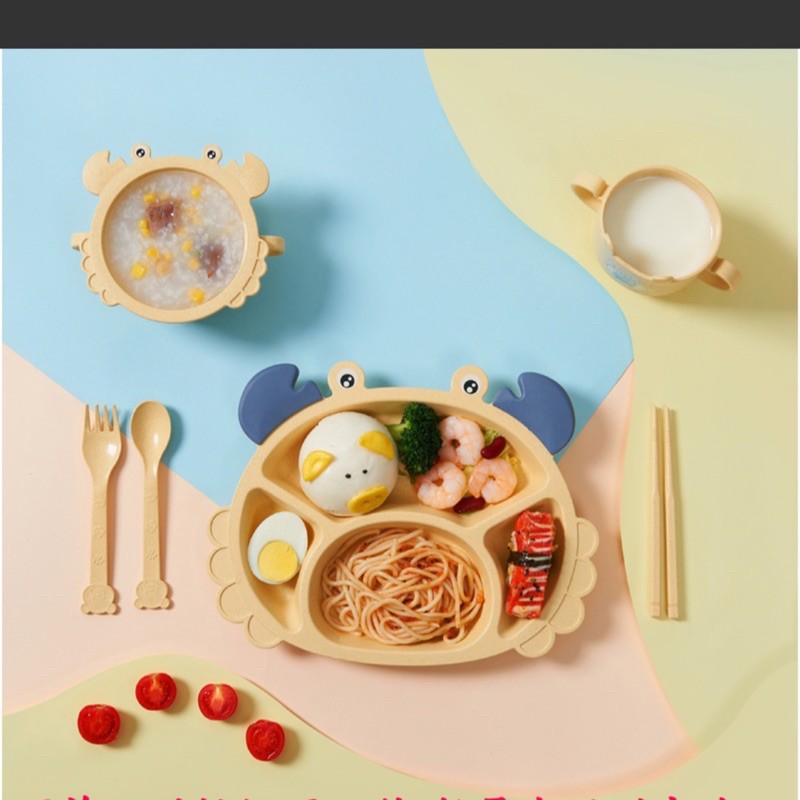 Bộ Khay Ăn Dặm Hình Cua 6 Chi Tiết khay,Bát,Cốc,Thìa,Đũa,Dĩa Cho Bé Chống Rơi Vỡ