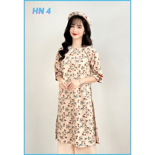 Áo dài hoa nhí màu be họa tiết - mã hn-4 | mẫu cách tân lụa nhung tăm dáng suông