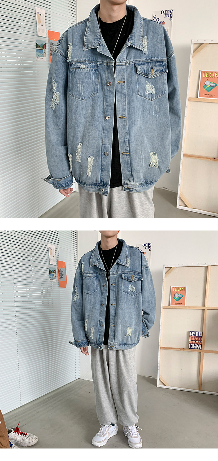 High long sleeve jacket Hong Kong style trend versatile denim jacket handsome loose men's jacket autumn new 2020 Korean version of hole top