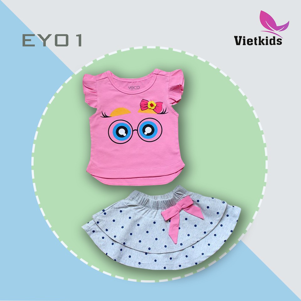 Quần áo trẻ em set đồ bé gái áo thun đôi mắt + váy chấm bi 2018 cao cấp veco