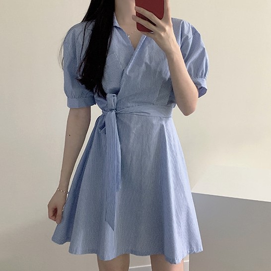 Đầm mini tay phồng cổ chữ V kẻ sọc xanh thời trang 35686