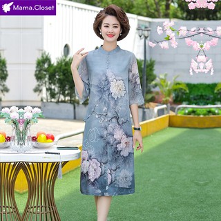 #j868 váy voan dáng dài, váy voan lụa in 3d họa tiết hoa siêu sang siêu đẹp, váy cho mẹ, váy cho người trung niên 2021