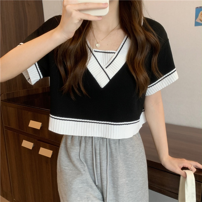 SUXI Áo Thun Dệt Kim Tay Ngắn Cổ Chữ V Dáng Rộng Màu Sắc Tương Phản Thời Trang Mùa Hè Dành Cho Nữ