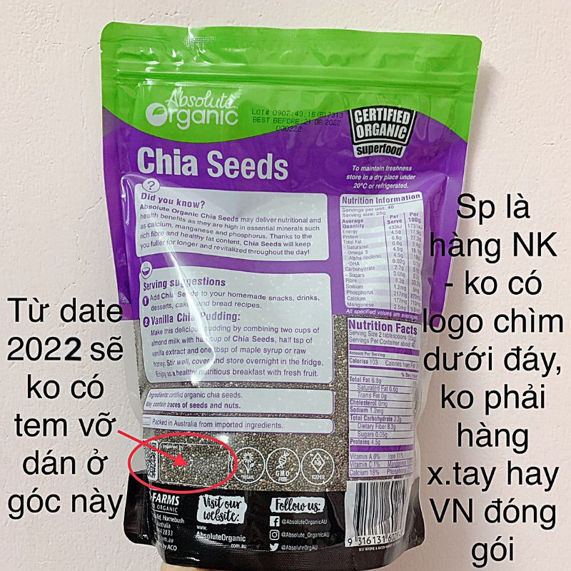 Hạt Chia Úc Absolute Organic Chia Seeds túi tím