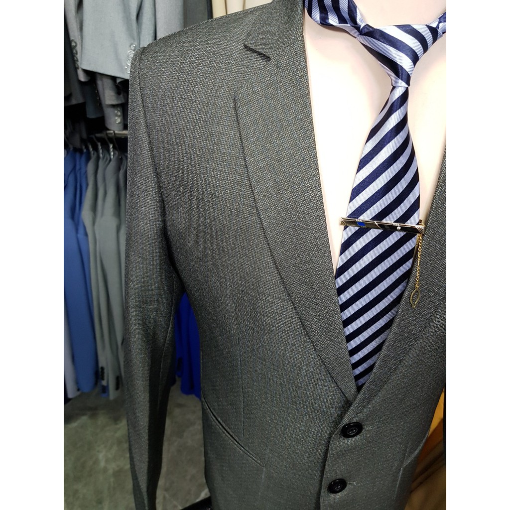Bộ vest nam kiểu 2 nút trung niên màu xám ghi sọc nhẹ chất vải dày mịn tặng cà vạt kẹp
