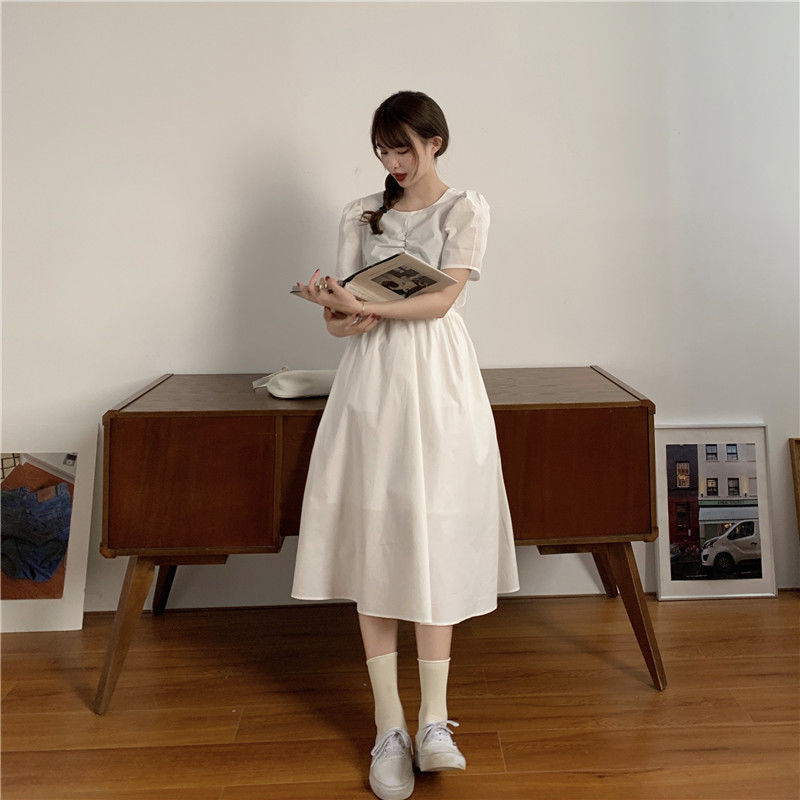 Đầm nữ ngắn tay cổ tròn eo thắt dây thời trang