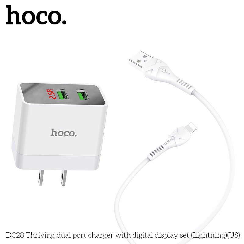 Bộ sạc nhanh Hoco DC28 màn hình led 2 cổng USB cáp Lightning 1m -Dành cho thiết bị Iphone, Ipad