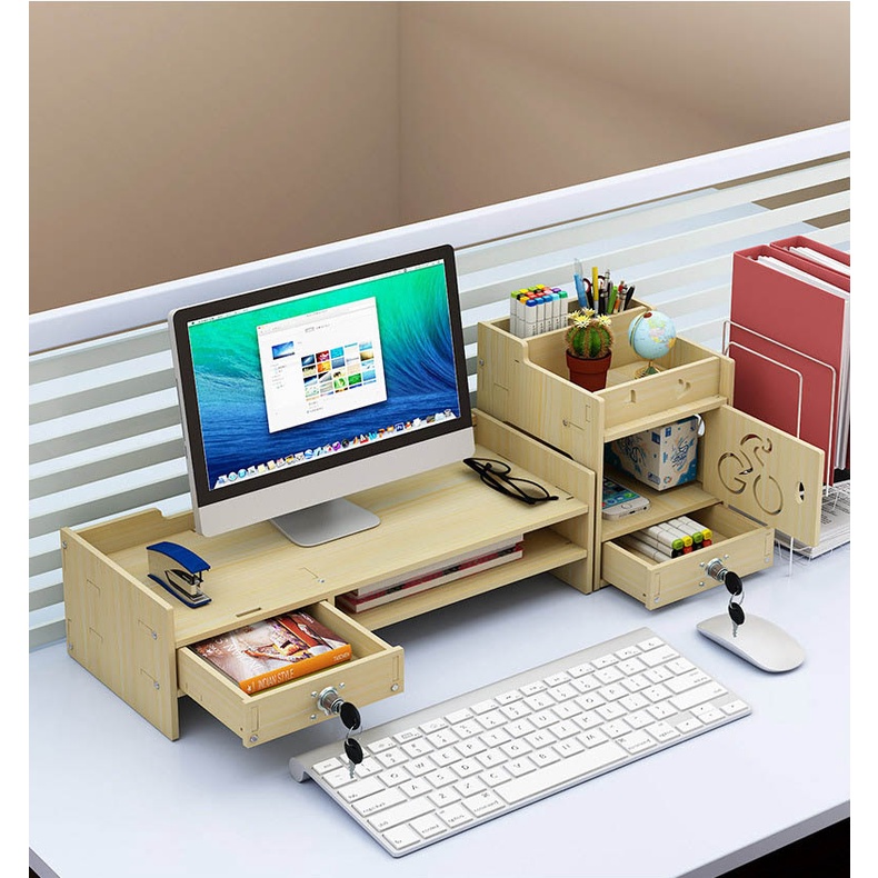 Kệ laptop kệ để màn hình kệ hồ sơ để bàn BIBOTOYKMT9-10 bằng gỗ cao cấp nhiều ngăn TIỆN LỢI 2 màu nâu sáng sang trọng