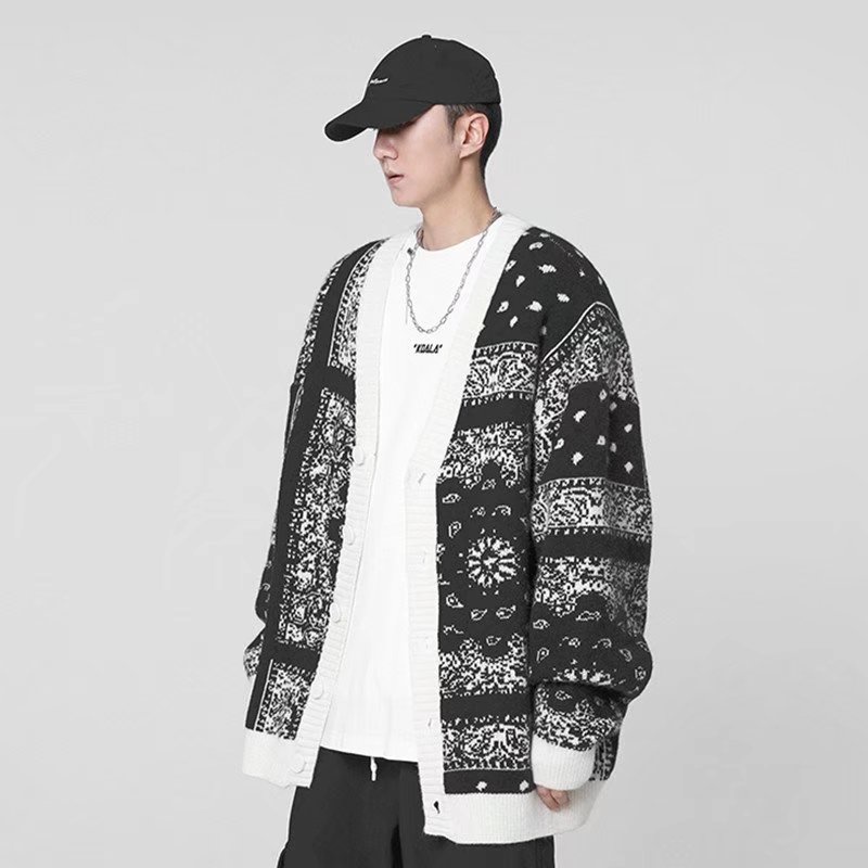 Áo khoác cardigan vải len dệt kim dáng rộng họa tiết hoa phong cách Hàn Quốc dành cho nam