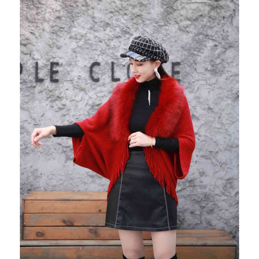 Áo khoác len áo choàng tua rua cổ lông thời trang