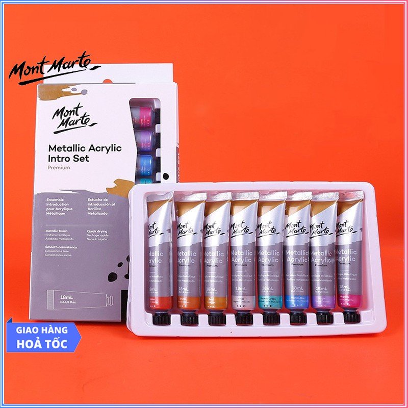 Set 8 Màu Nhũ Metallic Acrylic Mont Marte x 18ml - Metallic Acrylic Paint Intro Set - PMMT8181