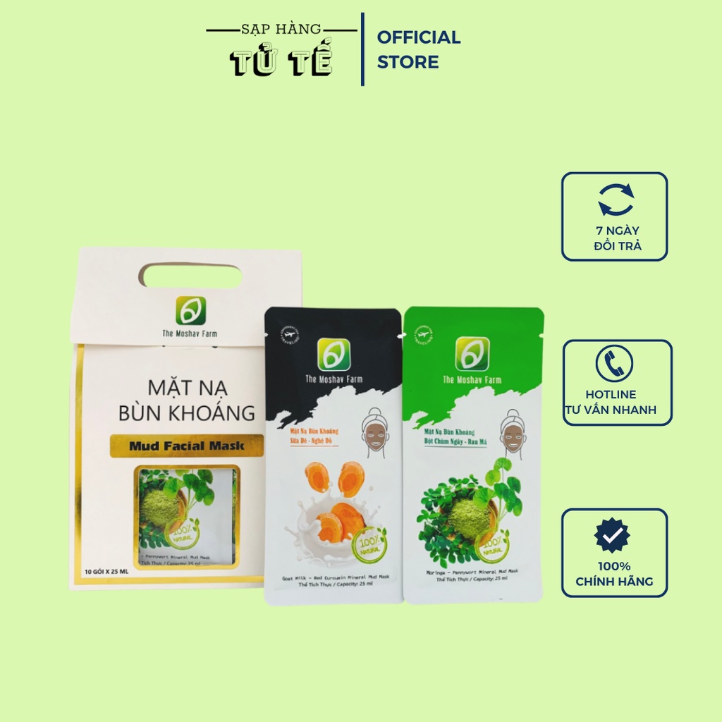 Mặt nạ hữu cơ bùn khoáng The Moshav Farm - 5 nạ bột chùm ngây - rau má và 5 nạ sữa dê – nghệ đỏ