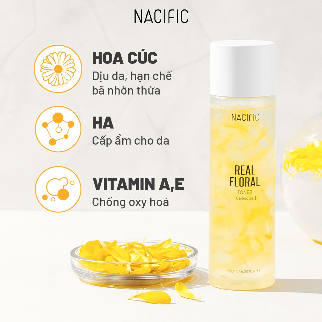 Nước hoa hồng dưỡng ẩm và làm dịu da Nacific Real Floral Toner Calendula 180ml