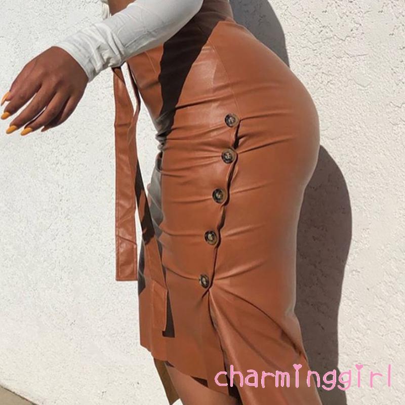 Chân váy bút chì lưng cao giả da kiểu dáng thời trang cho nữ