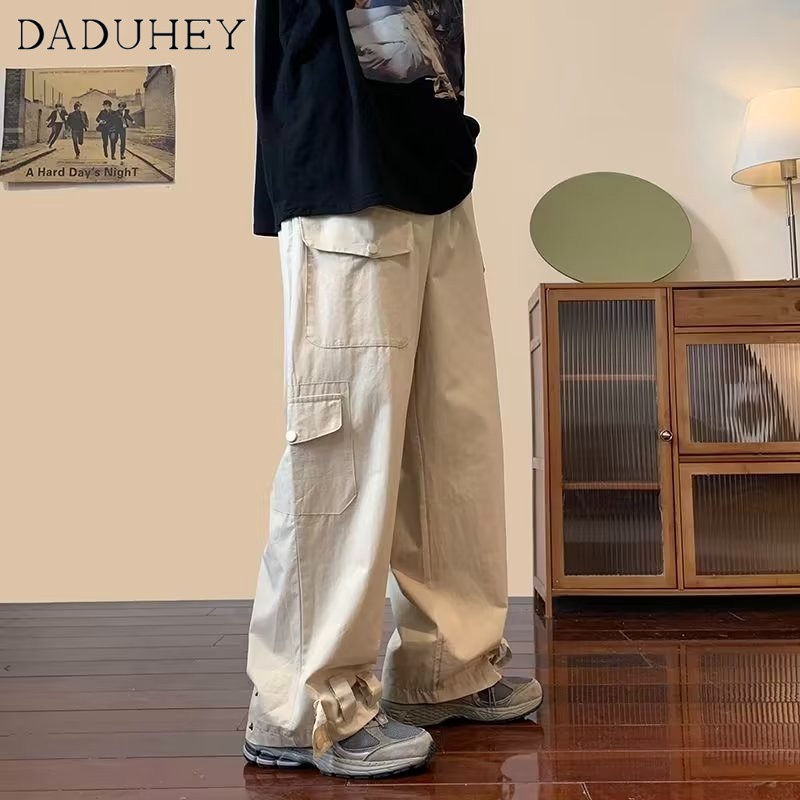 DaDuHey Men's and Women's Autumn Overalls Solid Color Wide Leg Loose Adjustable Ankle-Tied Multi-Pocket Casual Working Pants