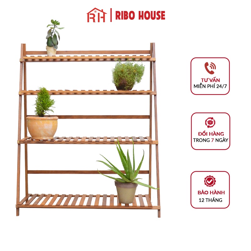 Kệ gỗ lim đa năng để chậu hoa cây cảnh RIBO HOUSE bonsai shelves 4FXL 100cm chống mối mọt sơn chống thấm RIBO97