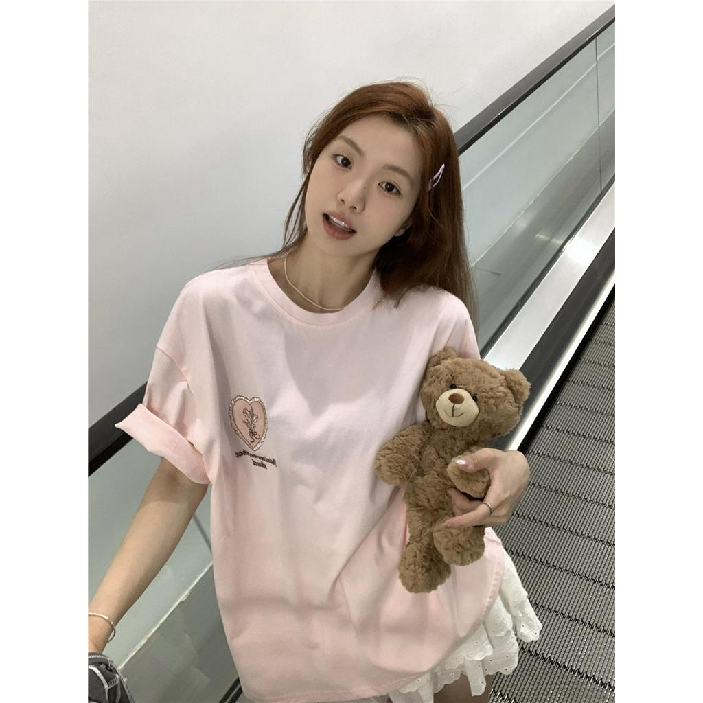 Áo Thun Dáng Rộng Ngắn Tay Thêu Hình Trái Tim Phong Cách Hàn Quốc 64244