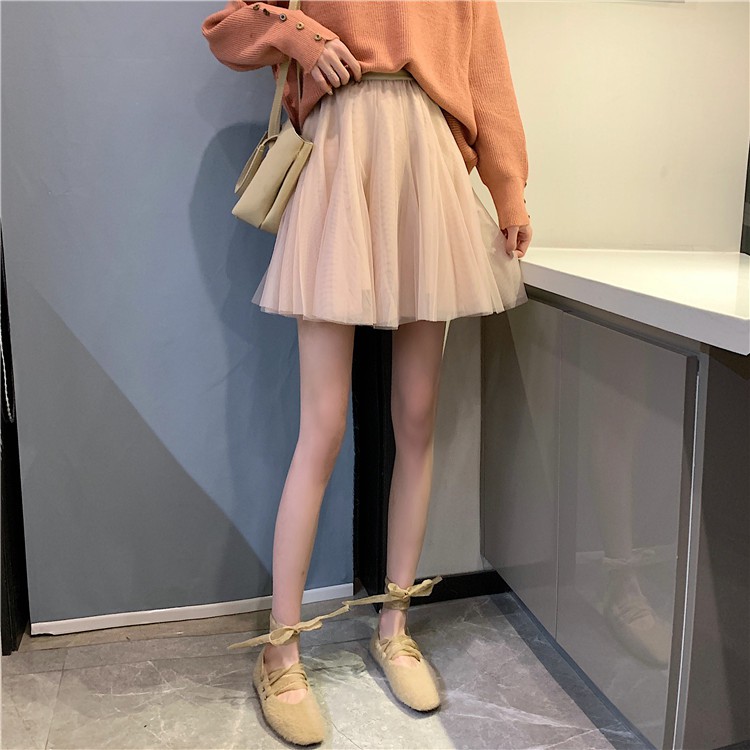 Xiaozhainv Chân Váy Chữ A Lưng Cao Màu Trơn Phối Lưới Phong Cách | BigBuy360 - bigbuy360.vn