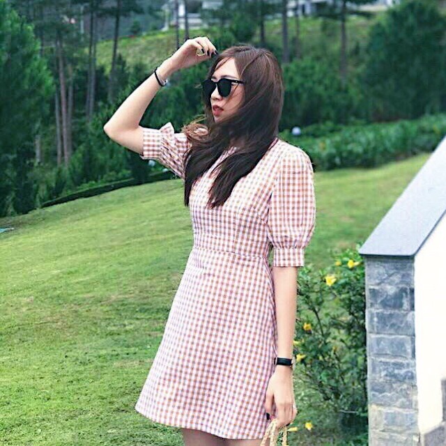 Đầm váy caro hồng basic