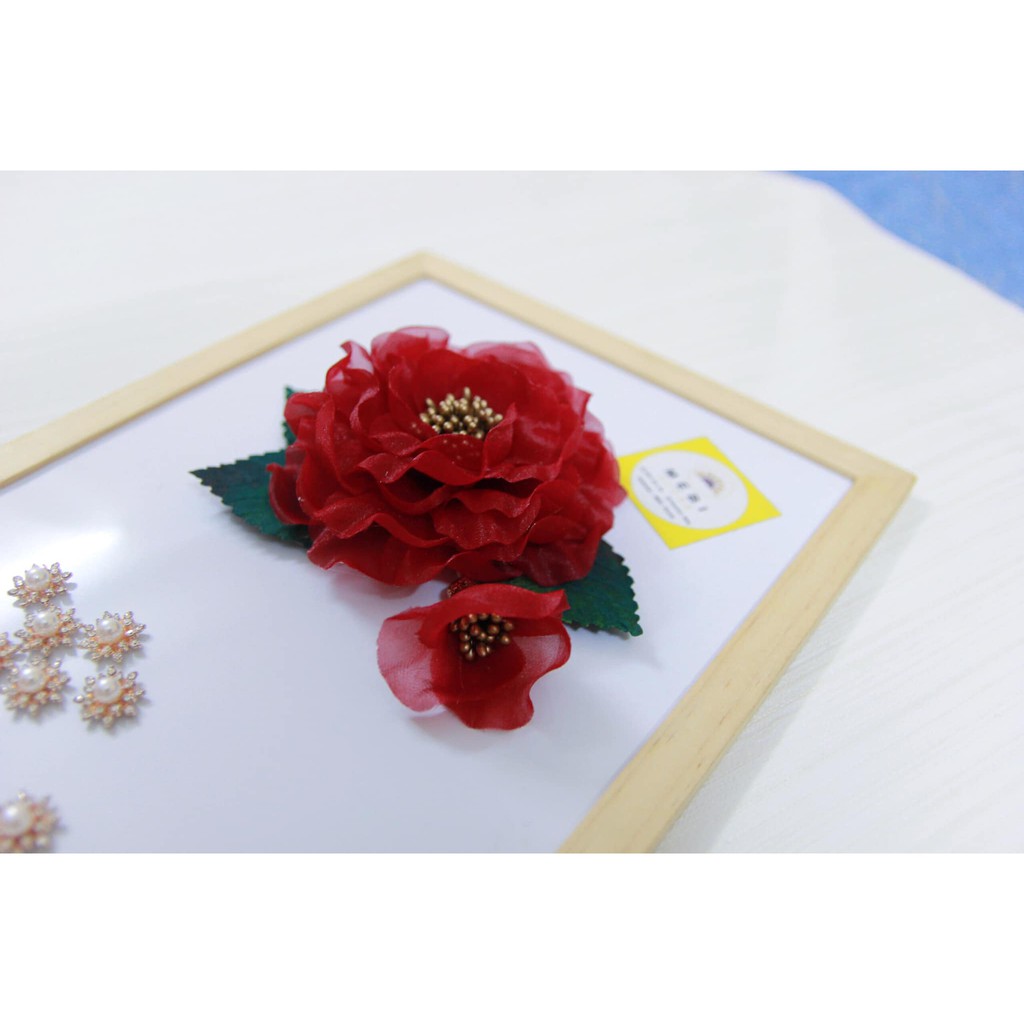 (Ảnh thật 100%) Hoa cài áo handmade vải voan 1 nụ đế kim loại siêu sang (size 13.5 - 14cm)
