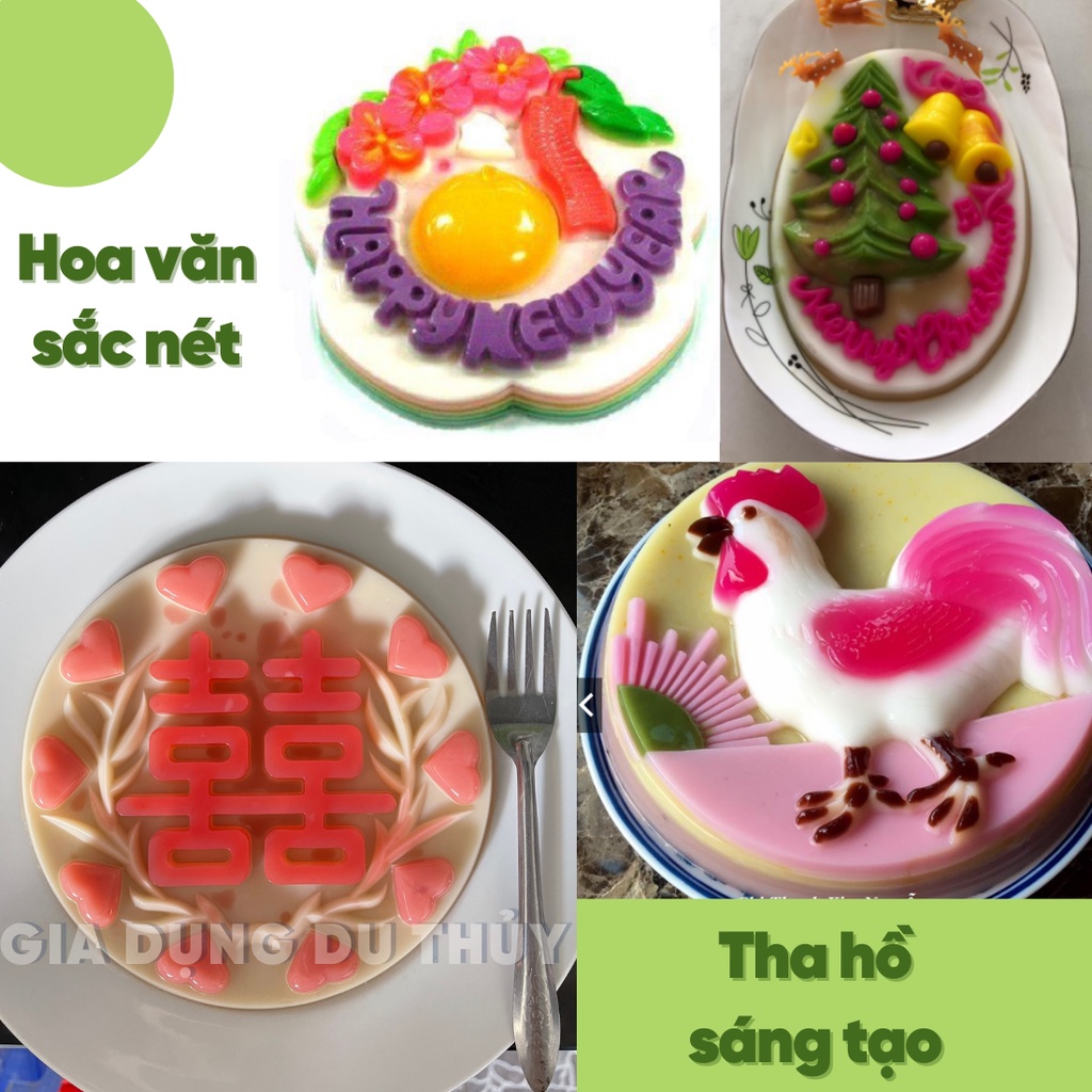 Khuôn rau câu 3d lớn tròn 20 cm, oval 21cm, hình hoa hồng, happy birthday, hoa sen, cá chép, trái tim, song hỷ, con ngựa