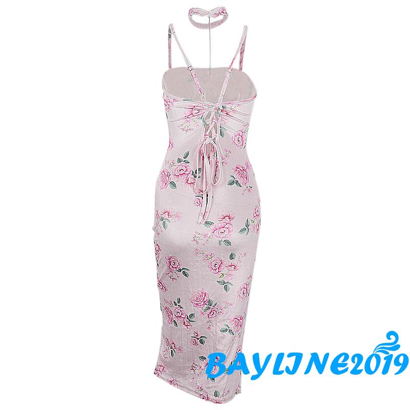 Đầm Ôm Dáng Không Tay Hở Lưng In Họa Tiết Hoa Hồng Có Vòng Choker Đơn Giản Dành Cho Nữ