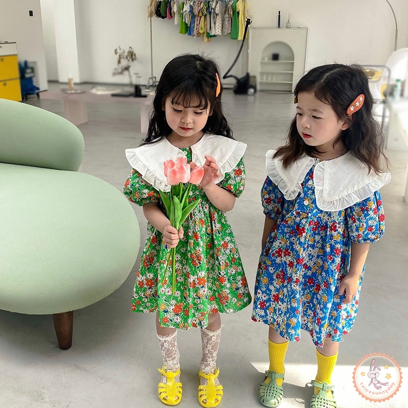 Đầm Công Chúa Tay Phồng Cổ Búp Bê In Họa Tiết Hoa Cho Bé Gái