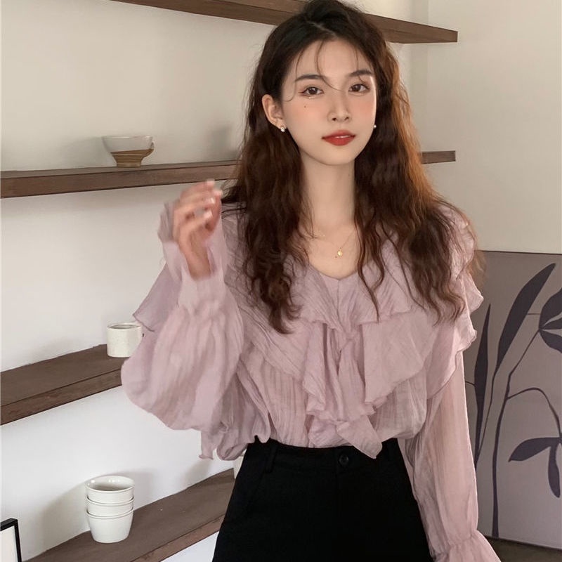 Áo Sơ Mi Chiffon Cổ V Tay Dài Phối Bèo Kiểu Retro Pháp Thời Trang 2022 Cho Nữ