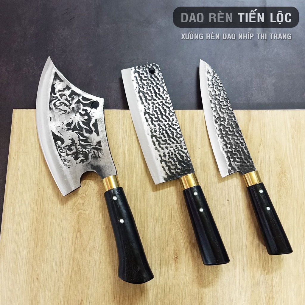 Bộ 3 Dao Nhà Bếp - Dao Chặt, Thái, Lọc Thép Nhíp Ô Tô Dập Vân 2 Mặt Cao Cấp