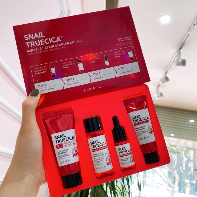 Set dưỡng da mờ rỗ, mịn da Snail Truecica Some By Mi mini size 4 sản phẩm