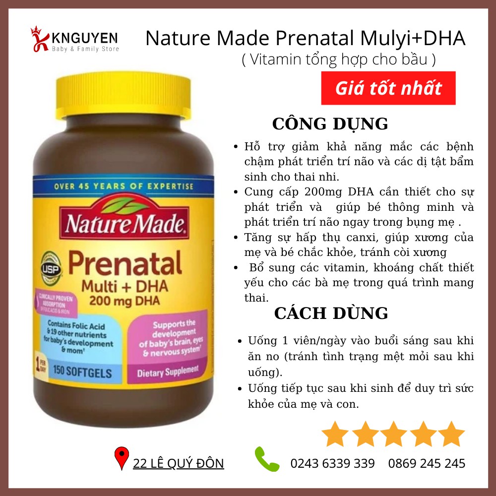 Vitamin bà bầu Prenatal + DHA 200mg Nature Made - 150v: Mỹ