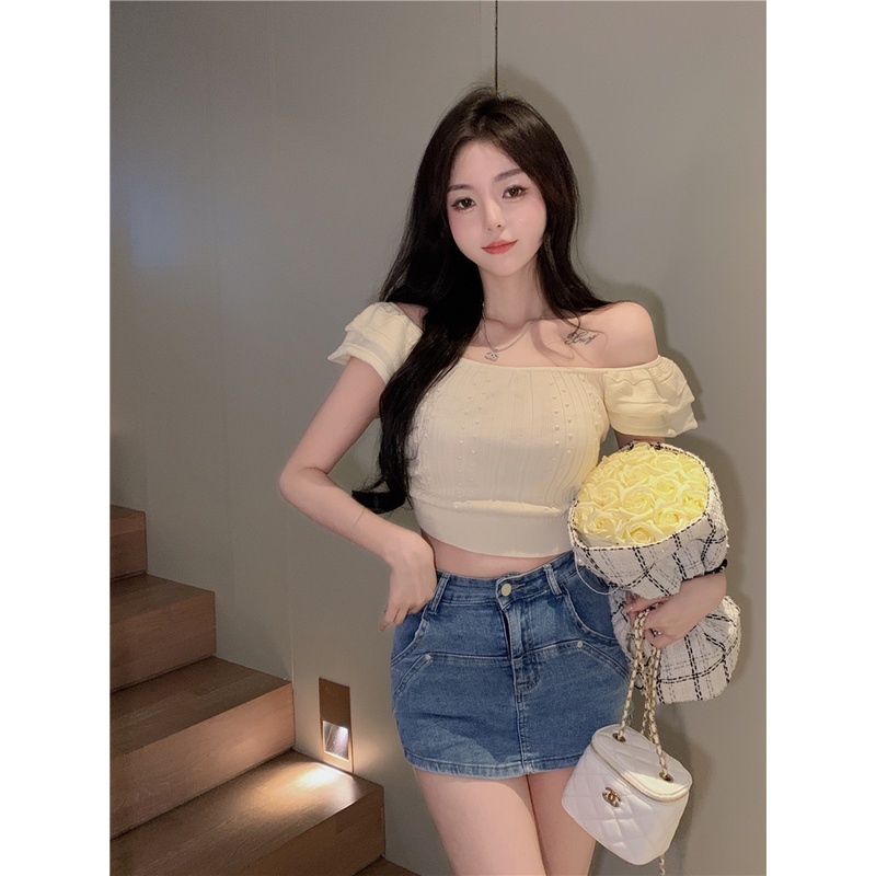 Cocory vn Áo Croptop Dệt Kim Tay Ngắn Trễ Vai Dáng Ôm Thời Trang Mùa Hè Quyến Rũ Cho Nữ