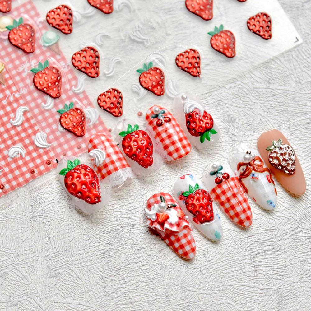 Miếng Dán Trang Trí Móng Tay 3D Dập Nổi Họa Tiết Kẻ Sọc / Trái Cây Phong Cách Nhật Bản